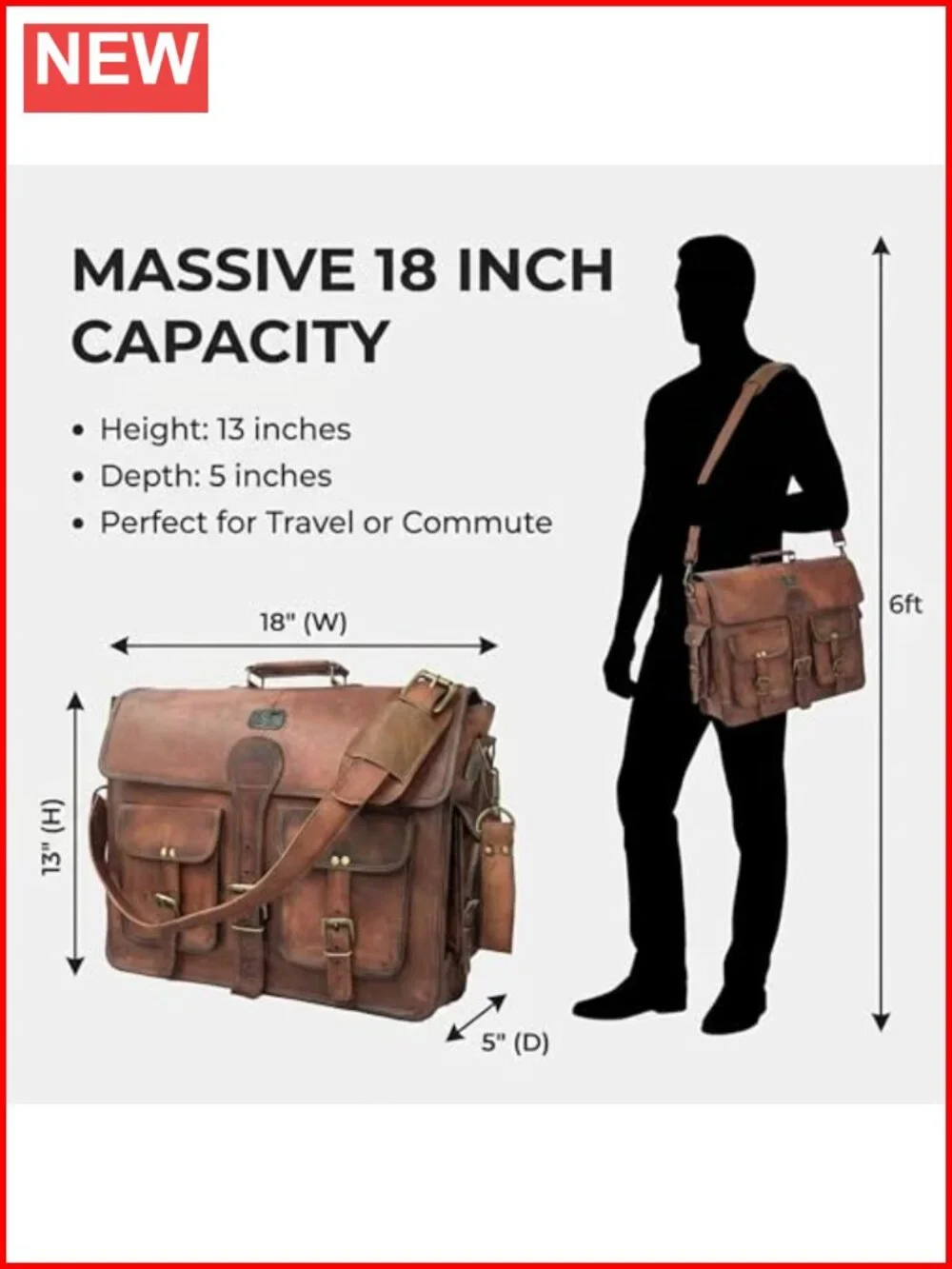 Handmade Full Grain Leather Messenger Bag for Men 18 Inch Laptop Crossbody